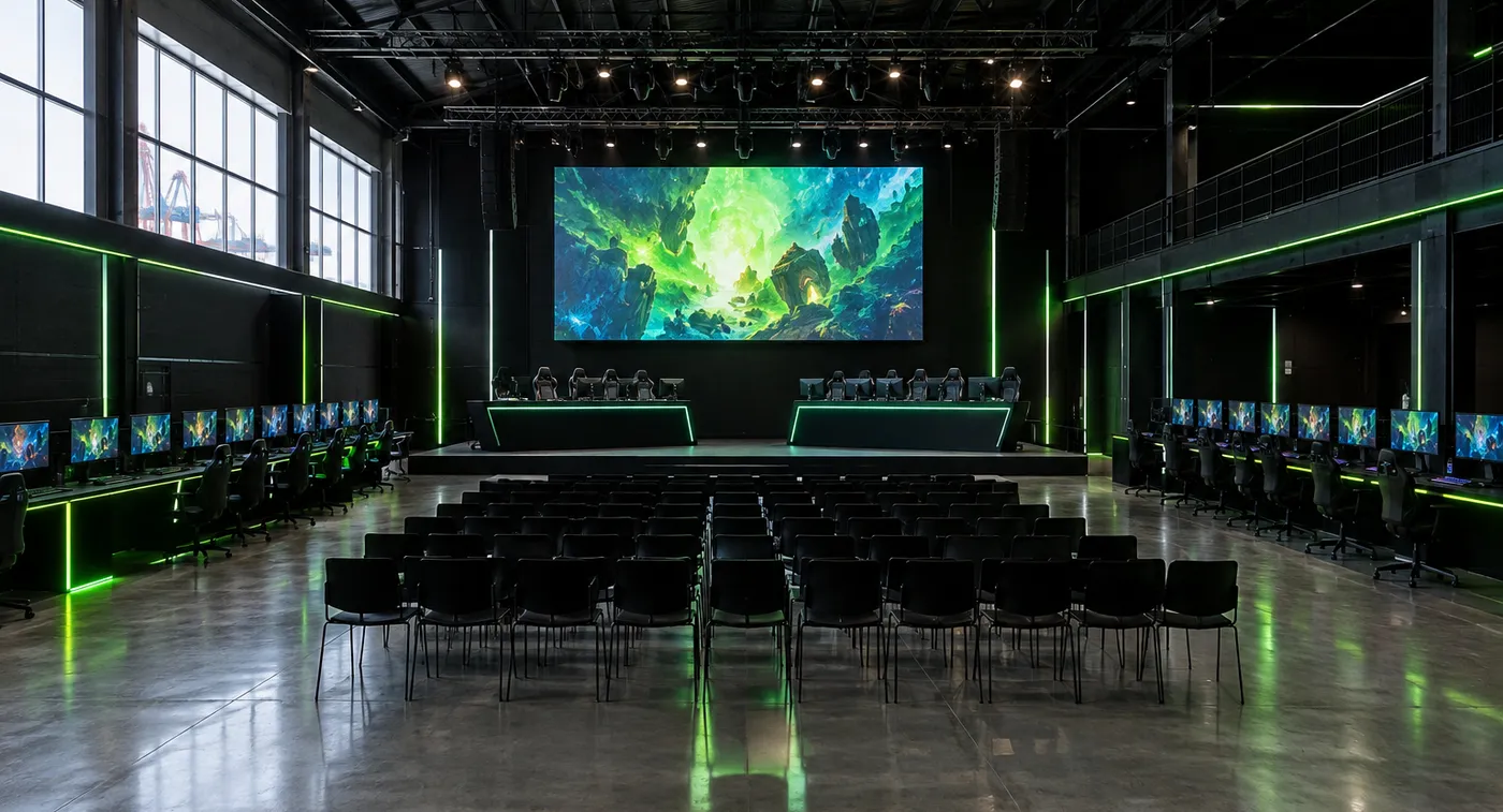 Palco com dois estrados de cinco postos, ecrã LED ao fundo e cadeiras para o público