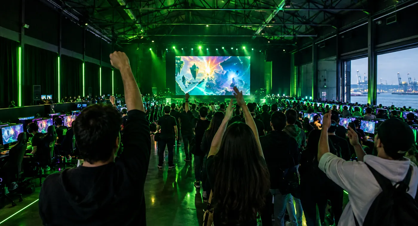 Público de braços no ar durante uma final da liga no palco