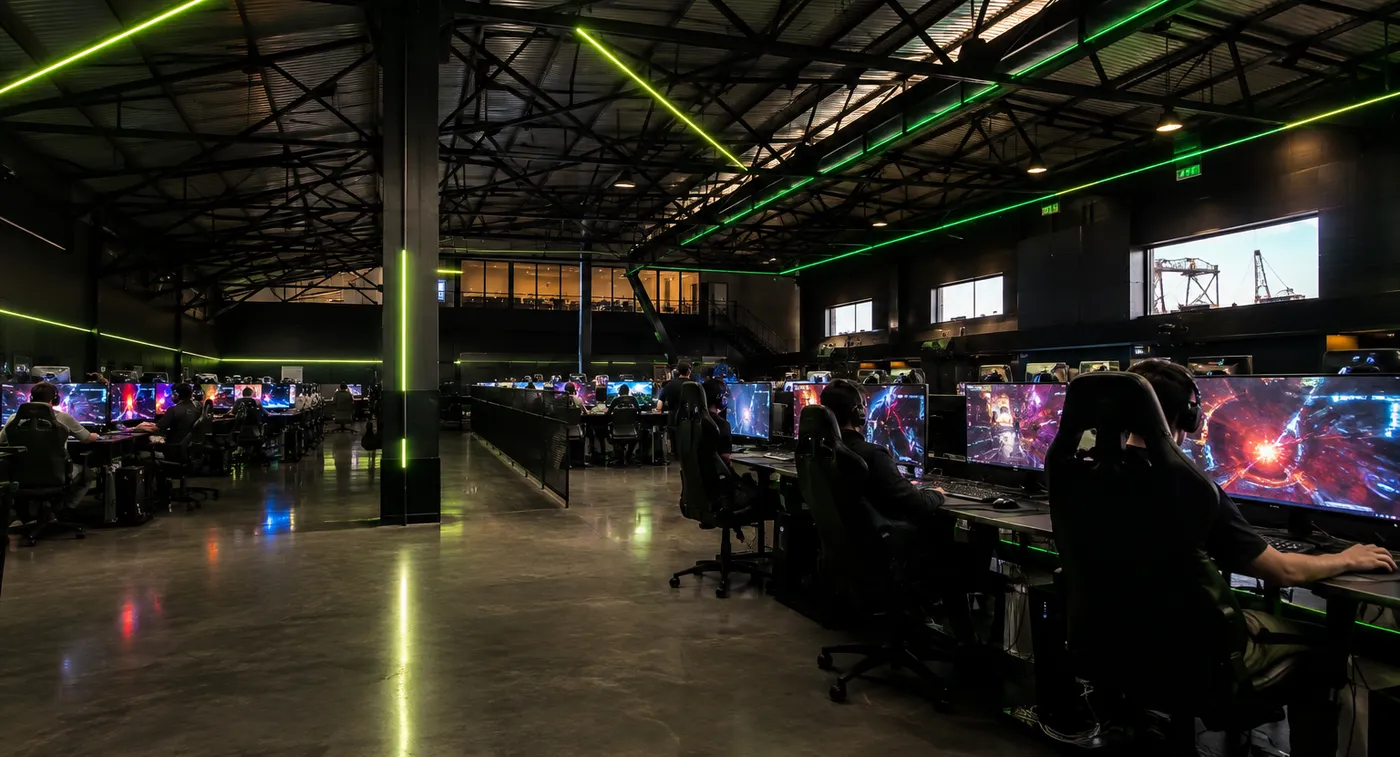 Sala principal com filas de computadores e linhas de luz verde no teto do armazém