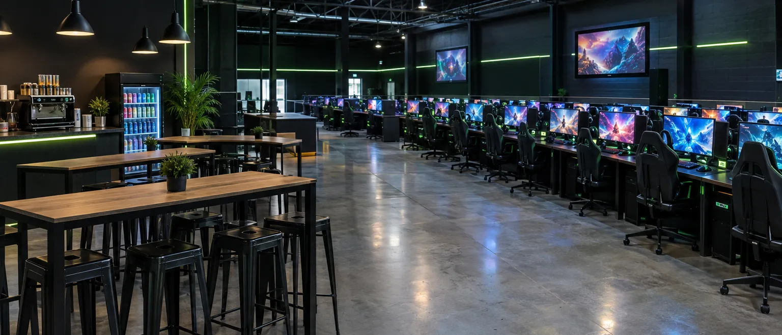 Lounge com mesas altas de madeira, bancos e balcão de café ao lado da arena